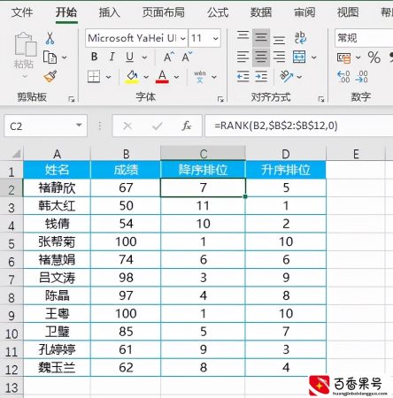 Excel排位函数RANK的使用方法