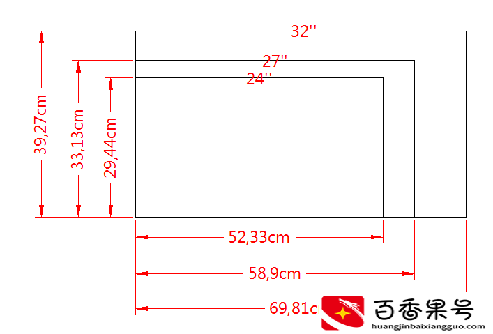 24寸，27寸，32寸电脑屏幕大小对比